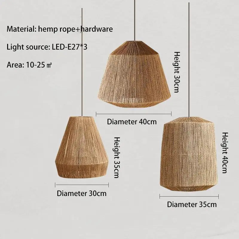 Suspension Wabi-sabi Estelle Brume en Corde Tressée et Rotin — Combinaison 3 / Lumière blanche 6000K ; Combinaison 3 / Lumière chaude 3500K ; Combinaison 3 / Lumière neutre 4500K