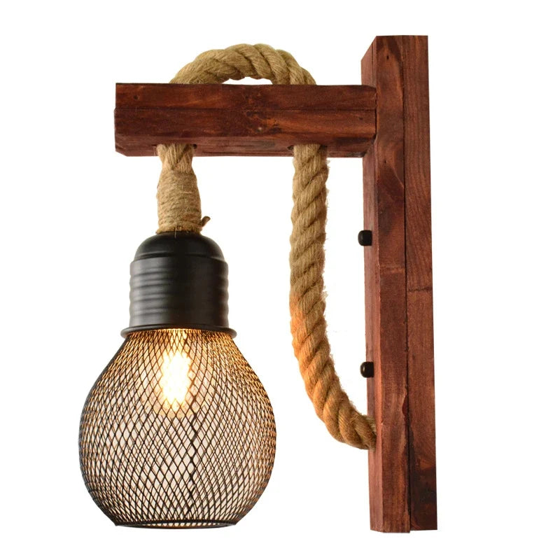 Applique murale Industrielle Mathilde Rivage en Corde de Chanvre et Bois — F / Blanc chaud (2700-3500K)