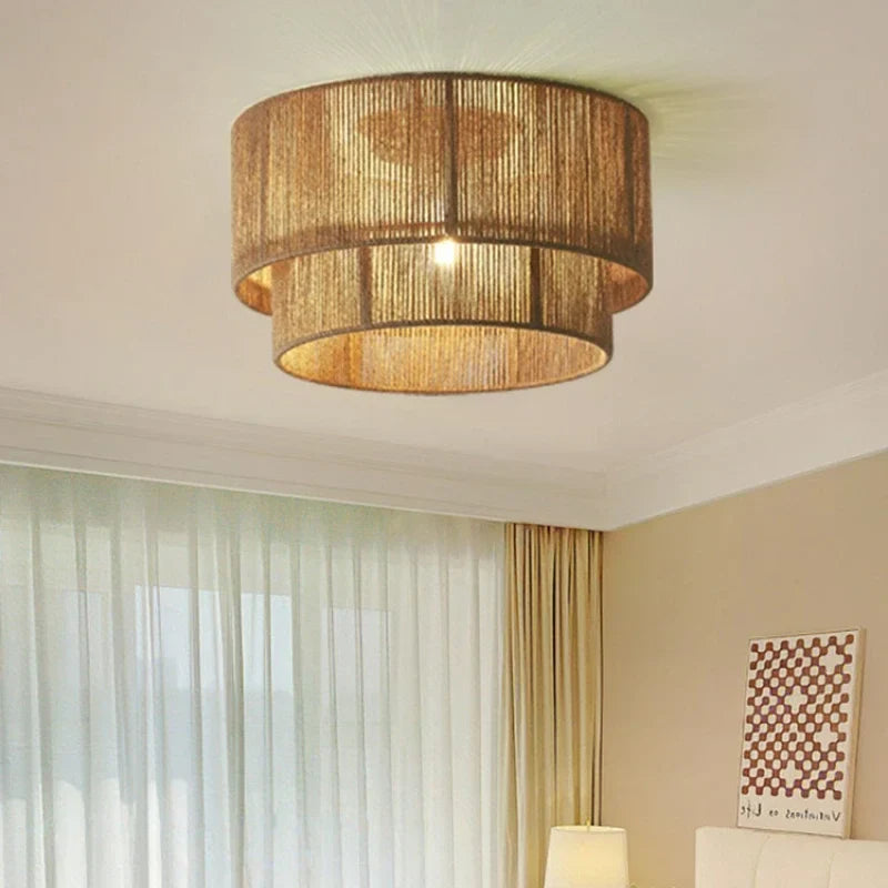 Lustre Vintage Félix Brume en Corde Tressée et Rotin