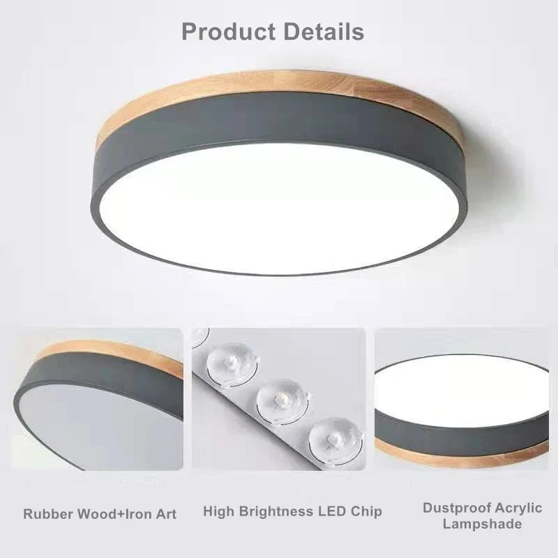 Plafonnier — Rond 7 couleurs nordique LED plafonniers pour salon chambre plafonniers en bois 3 lumières couleur réglable couloir balcon