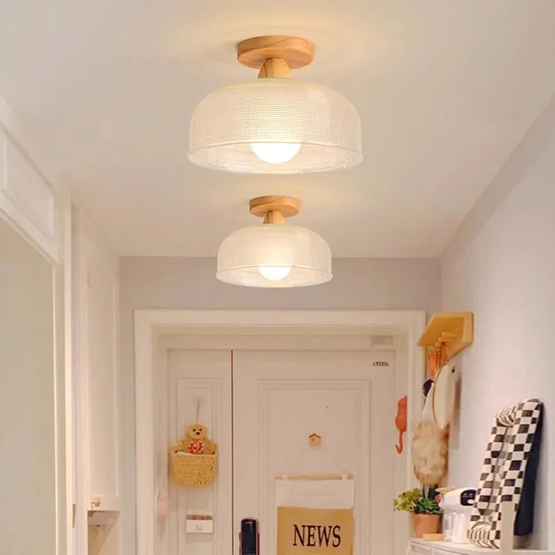 Plafonnier — Nordique en bois lampe en verre dépoli salon allée chambre vestiaire balcon couloir lampes et lanternes