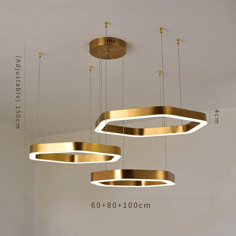Suspension — Hexagone Design LED Lustre Moderne De Luxe En Acier Inoxydable Lampe Salon Suspension Luminaire Décor À La Maison Escalier Plafond Lustre