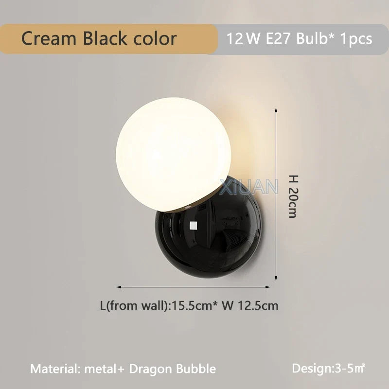Applique murale — Boule ronde nordique pour éclairage de chambre à coucher crème blanc jaune lampe de chevet salon allée couloir hôtel escalier