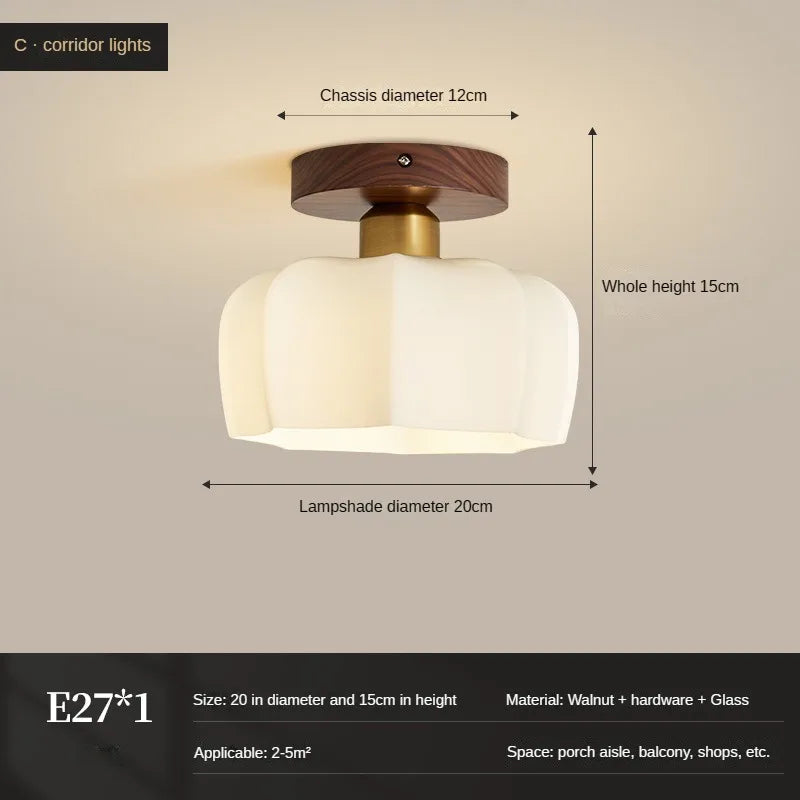 Plafonnier vintage simple en verre et noyer pour éclairage domestique Léopold Courbe - Matière Chaleureuse & Lignes Élégantes