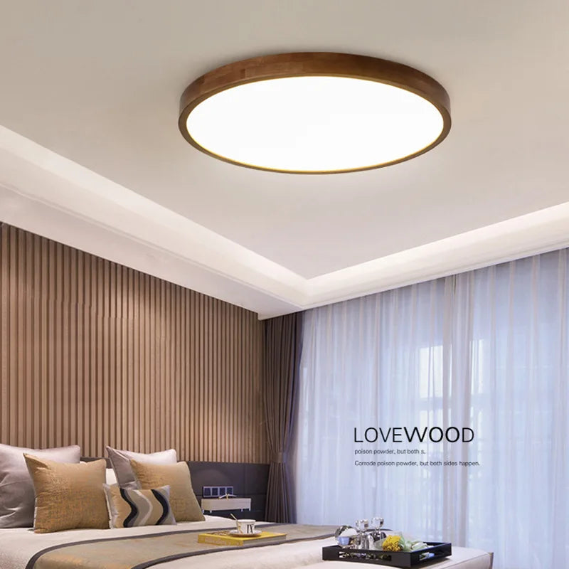 Plafonnier — En noyer chinois lampe de plafond ronde en bois Ultra-mince lustre nordique chambre lampe d'étude balcon couloir éclairage