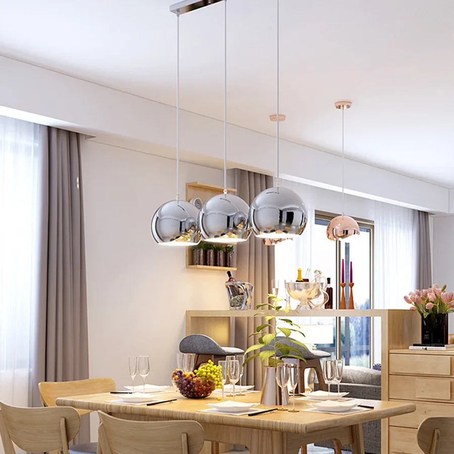 Suspension — Plaqué nordique argent Globe boule miroir lampes suspendues E27 fer lampe suspendue de luxe en laiton argenté Art cuisine hôtel suspension lampe