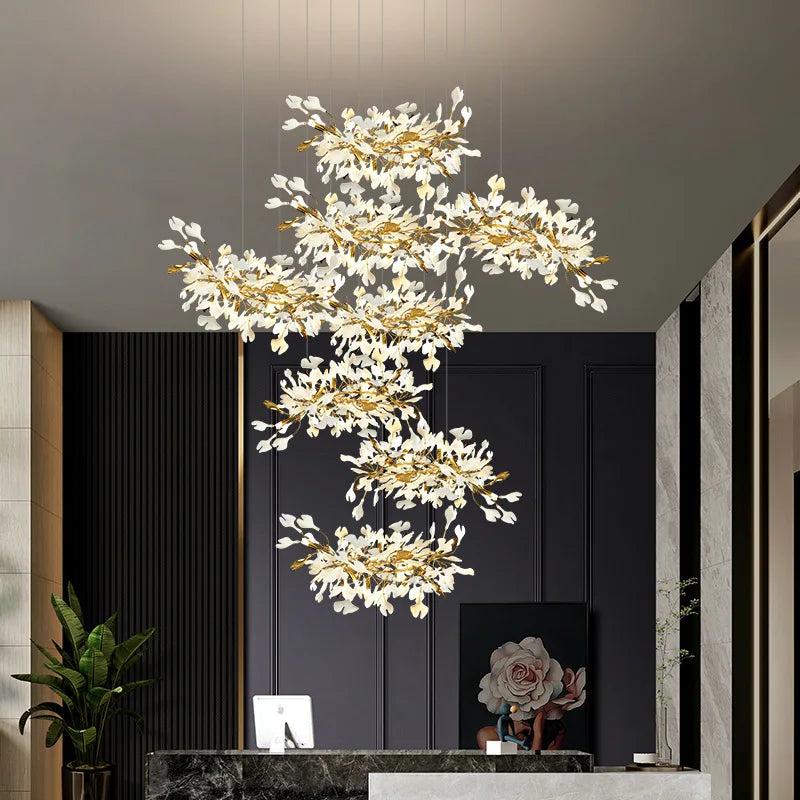 Lustre — Ginkgo feuille cage d'escalier long lustre lumière atmosphérique villa de luxe duplex bâtiment loft hall d'hôtel lampes d'art créatives