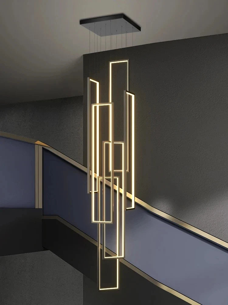 Lustre — Grand lustre Or noir LED maison intérieur salon escalier Hall rectangulaire