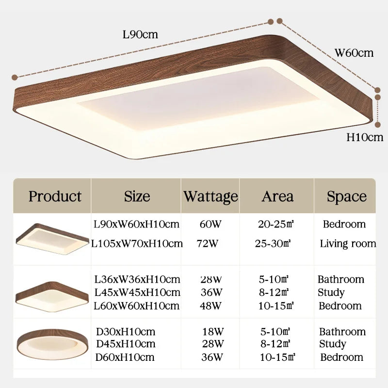 Plafonnier — LED imitation bois éclairage rond rectangle carré