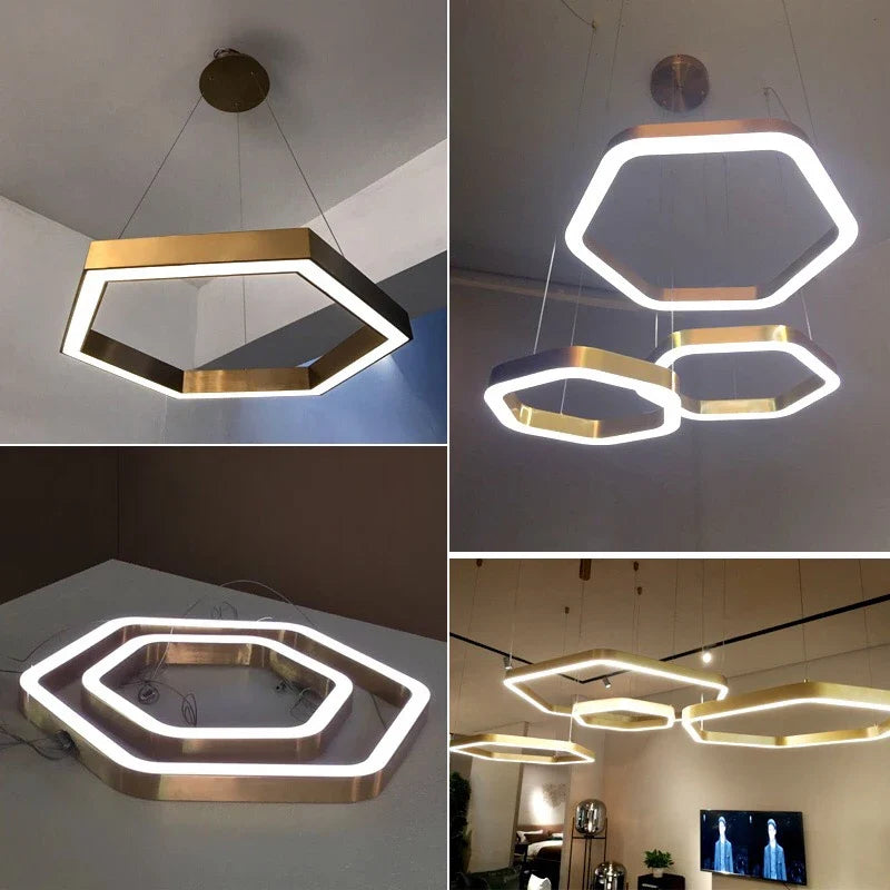Suspension — Hexagone Design LED Lustre Moderne De Luxe En Acier Inoxydable Lampe Salon Suspension Luminaire Décor À La Maison Escalier Plafond Lustre