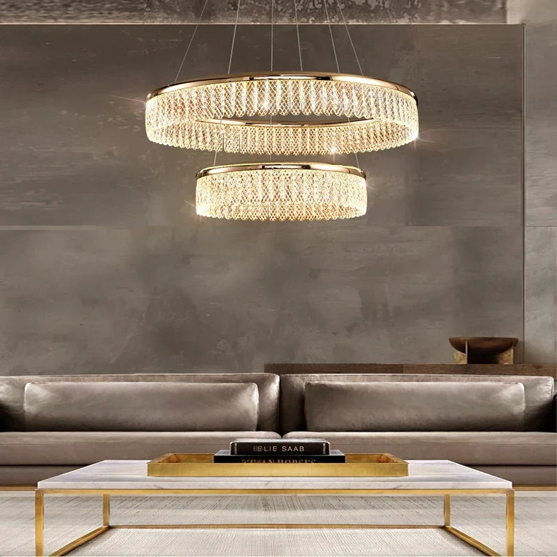 Lustre — LED en cristal losange rond à plusieurs anneaux luxueux