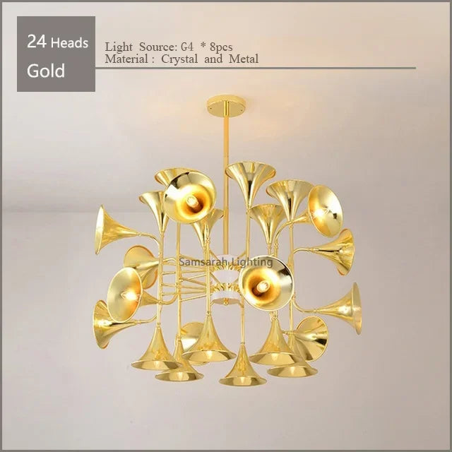 Lustre — Trompette dorée à plusieurs têtes design moderne
