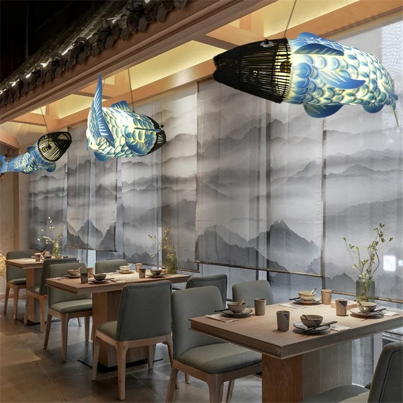 Lustre — En bambou style chinois créatif avec gros poisson