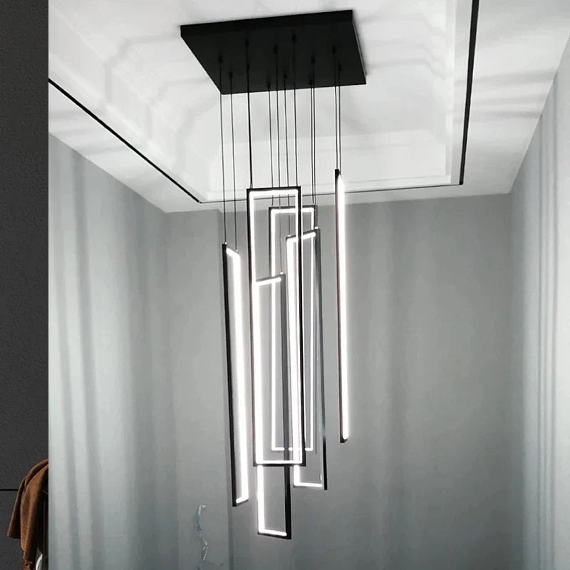 Lustre — Grand lustre Or noir LED maison intérieur salon escalier Hall rectangulaire