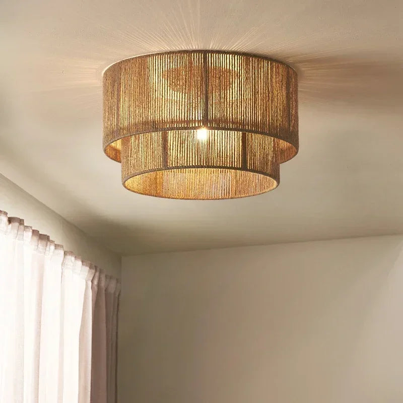 Lustre Vintage Félix Brume en Corde Tressée et Rotin