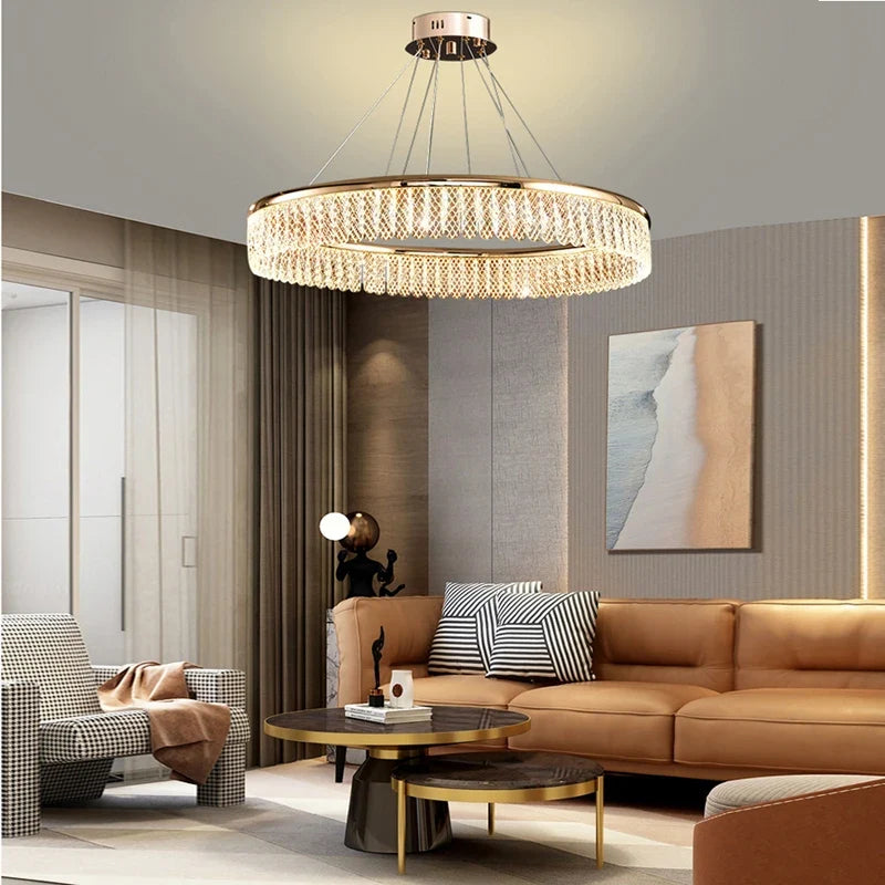 Lustre — LED en cristal losange rond à plusieurs anneaux luxueux