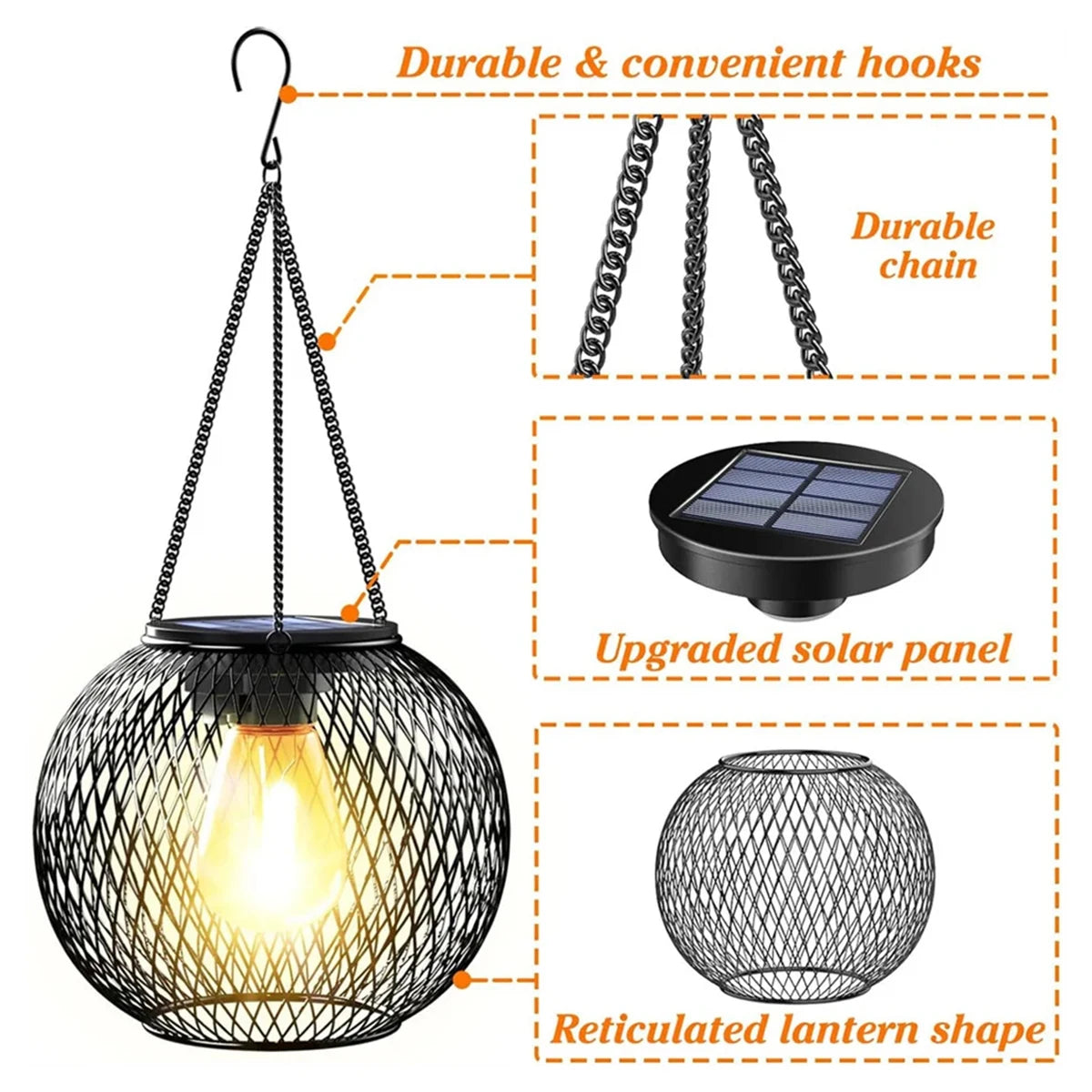 Lanterne solaire LED en fer avec chaîne et capteur de luminosité, 3000 K – Clairvaux