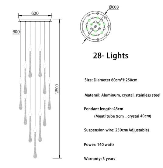 Lustre — LED moderne en cristal pour grand escalier