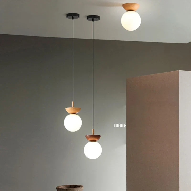 Abat-jour — LED rond en verre avec abat jour en bois
