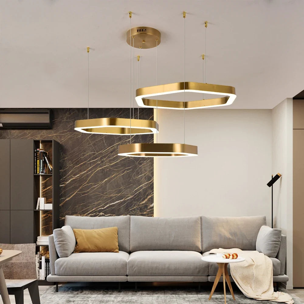Suspension — Hexagone Design LED Lustre Moderne De Luxe En Acier Inoxydable Lampe Salon Suspension Luminaire Décor À La Maison Escalier Plafond Lustre
