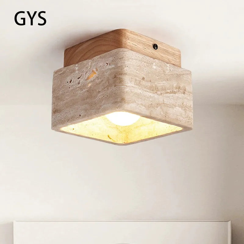 Plafonnier — LED nordique moderne Downlight carré pierre bois crème Style Surface monté vers le bas lumière pour porche balcon couloir