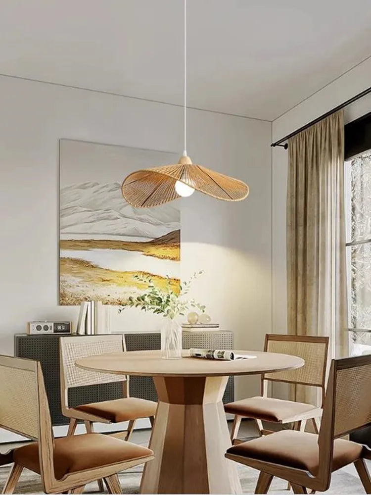 Suspension LED nordique en tissu, coton et lin, forme chapeau, style wabi-sabi pour salon et chambre – Néolys Épure