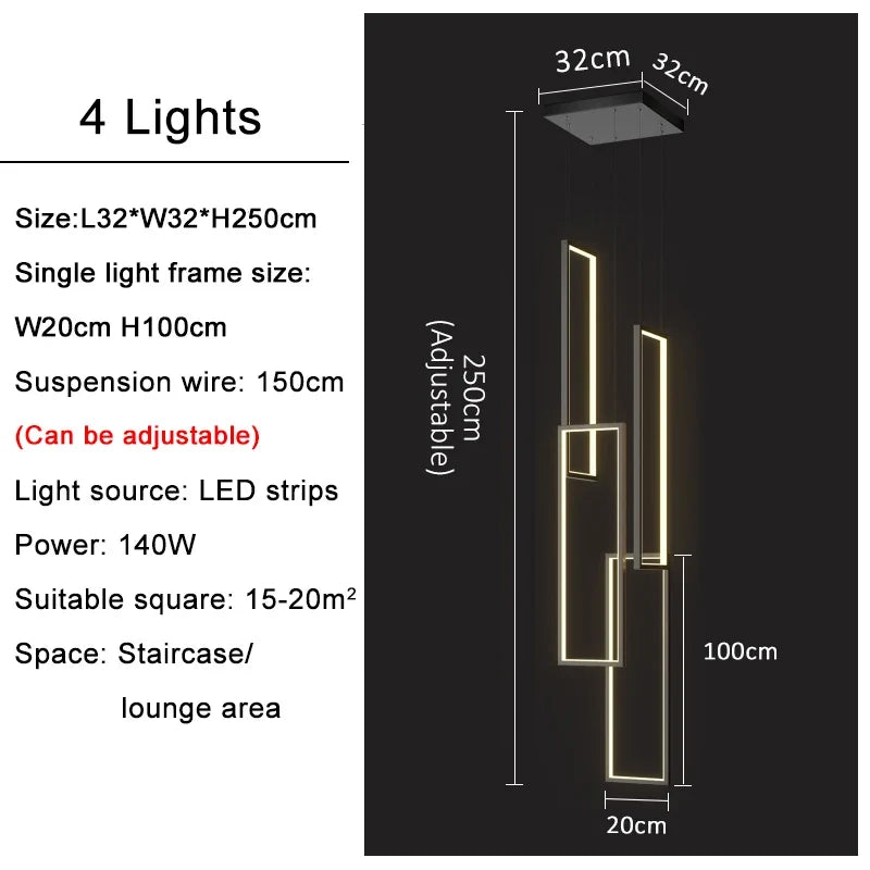 Lustre — Grand lustre Or noir LED maison intérieur salon escalier Hall rectangulaire