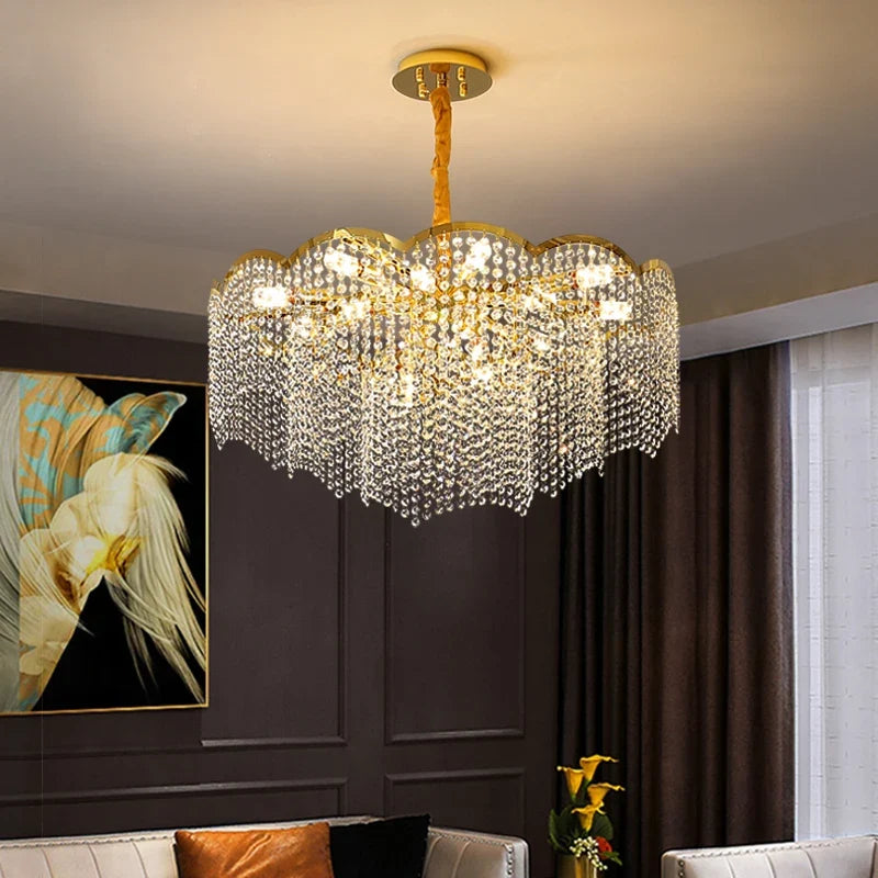 Suspension — Moderne en cristal doré haute suspension design élégant pour intérieur