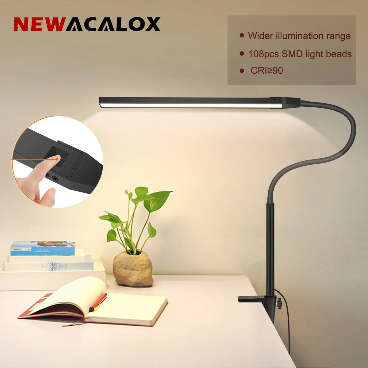 Suspension — NEWACALOX pince de bureau barre d'écran suspension lumière 360 ° rotatif pliant bras Flexible Support 108 pièces LED SMD Protection des yeux lampe de bureau