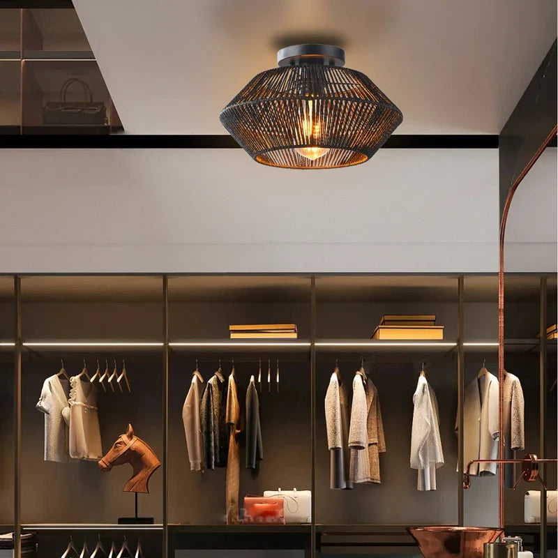 Plafonnier — Tissé de vigne rétro noir lampe tissée couloir silencieux chambre plafonnier tissé de vigne