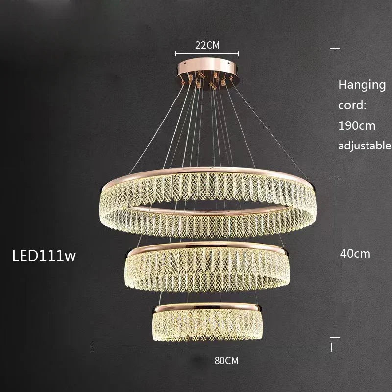 Lustre — LED en cristal losange rond à plusieurs anneaux luxueux