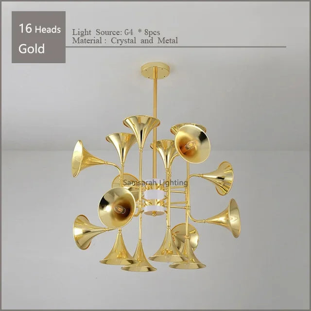 Lustre — Trompette dorée à plusieurs têtes design moderne