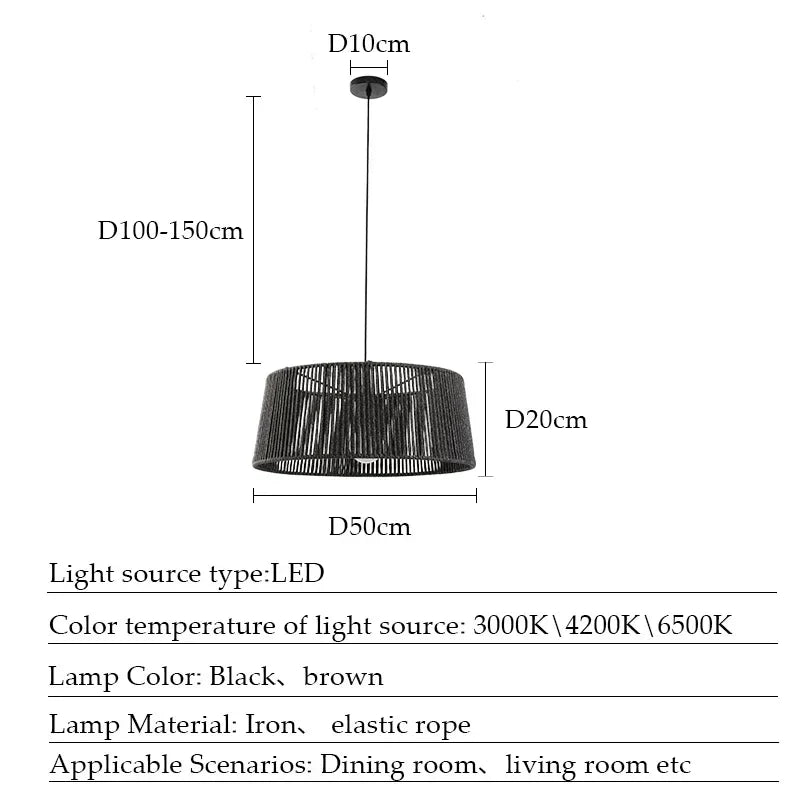 Lustre Naturel Clément Sillage en Corde — Version noire -D50cm / Lumière froide ; Version noire -D50cm / Lumière chaude ; Version noire -D50cm / Lumière neutre