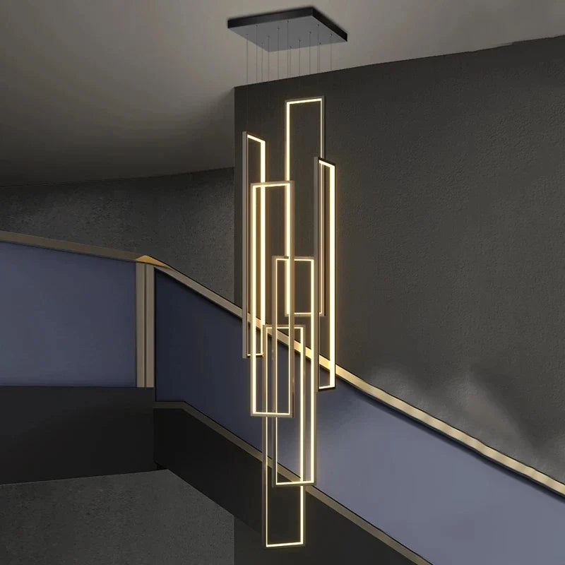 Lustre — Grand lustre Or noir LED maison intérieur salon escalier Hall rectangulaire