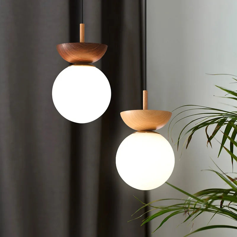 Abat-jour — LED rond en verre avec abat jour en bois