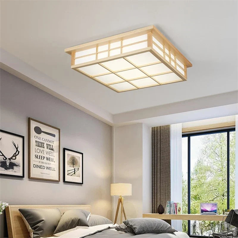Plafonnier — Carrés en bois japonais salon moderne éclairage De plafond cuisine Restaurant luminaire LED lampara De Techo