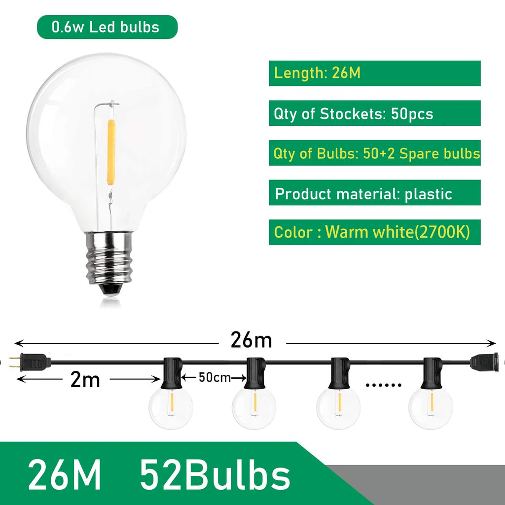 Festoon LED Globe guirlande lumineuse fée LED G40 extérieur pour fête de noël jardin guirlande décorative lampe rue Patio arrière-cour