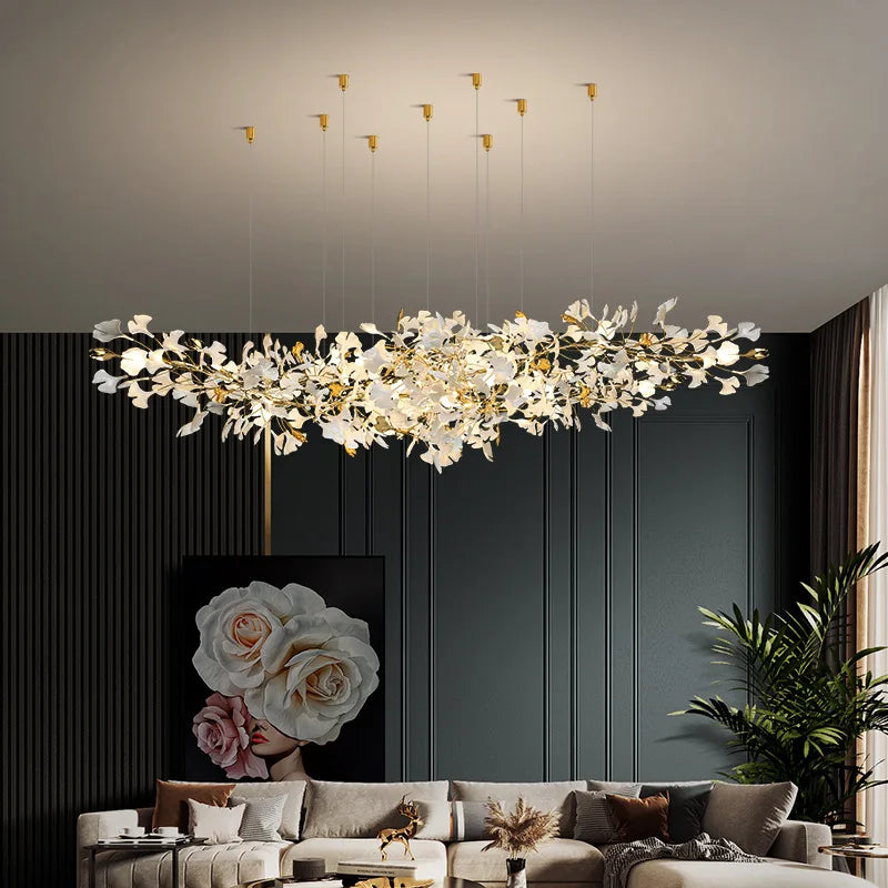Lustre — Ginkgo feuille cage d'escalier long lustre lumière atmosphérique villa de luxe duplex bâtiment loft hall d'hôtel lampes d'art créatives