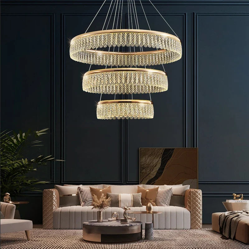 Lustre — LED en cristal losange rond à plusieurs anneaux luxueux