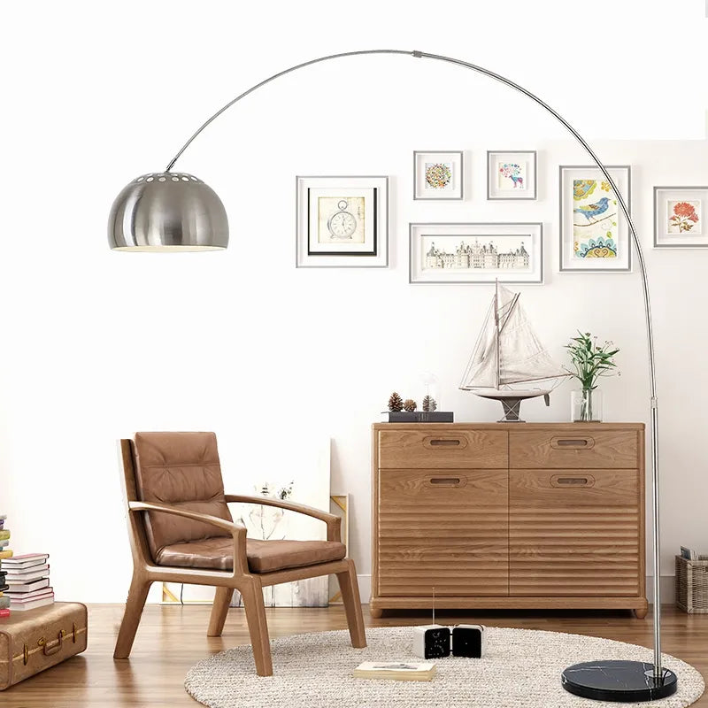 Lampadaire arc nordique pliant et rotatif en marbre et bois, argenté, pour étude, salon et chambre – Valombre Courbe