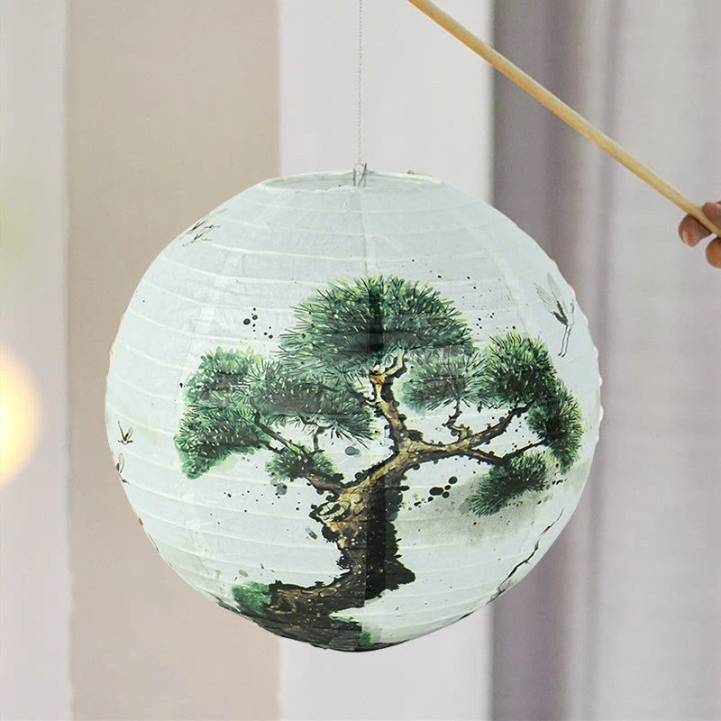 Abat-jour rond en papier à motifs de pin, lotus ou prunier japonais – Florélis