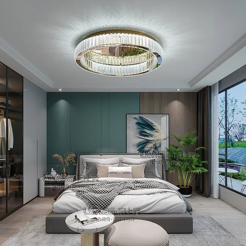 Plafonnier — LED ronde en cristal pour chambre à coucher salon Foyer salle à manger moderne luxe en acier inoxydable plafonnier en cristal