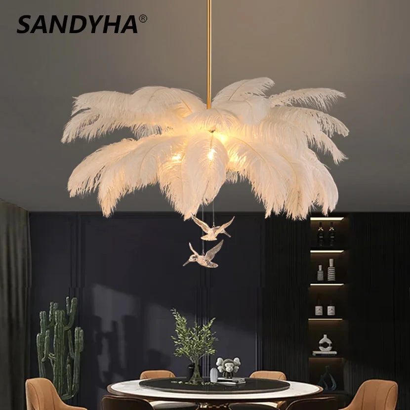 lustre led autruche plume sandyha luxe luminaire suspendu