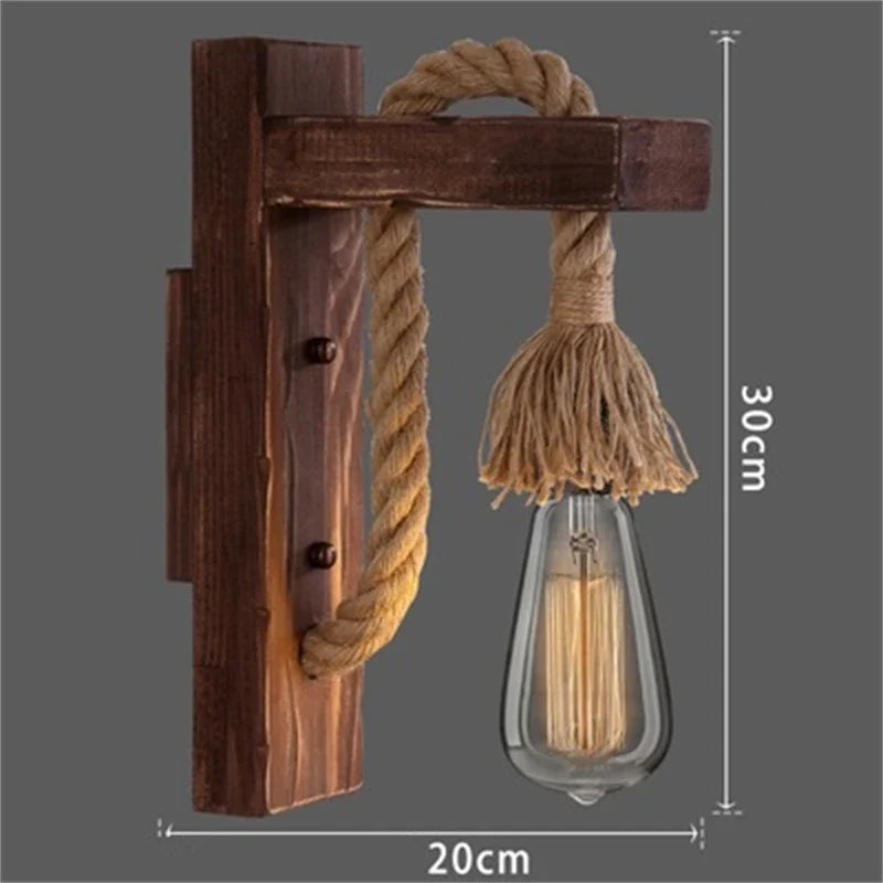 Applique murale Industrielle Mathilde Rivage en Corde de Chanvre et Bois — B / Blanc chaud (2700-3500K)