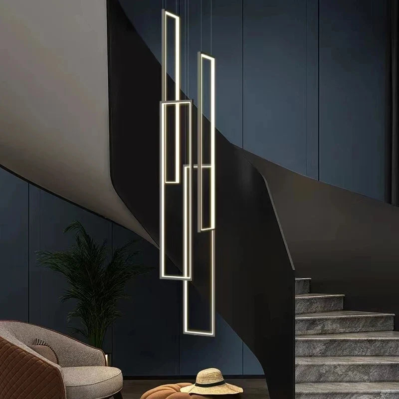 Lustre — Grand lustre Or noir LED maison intérieur salon escalier Hall rectangulaire