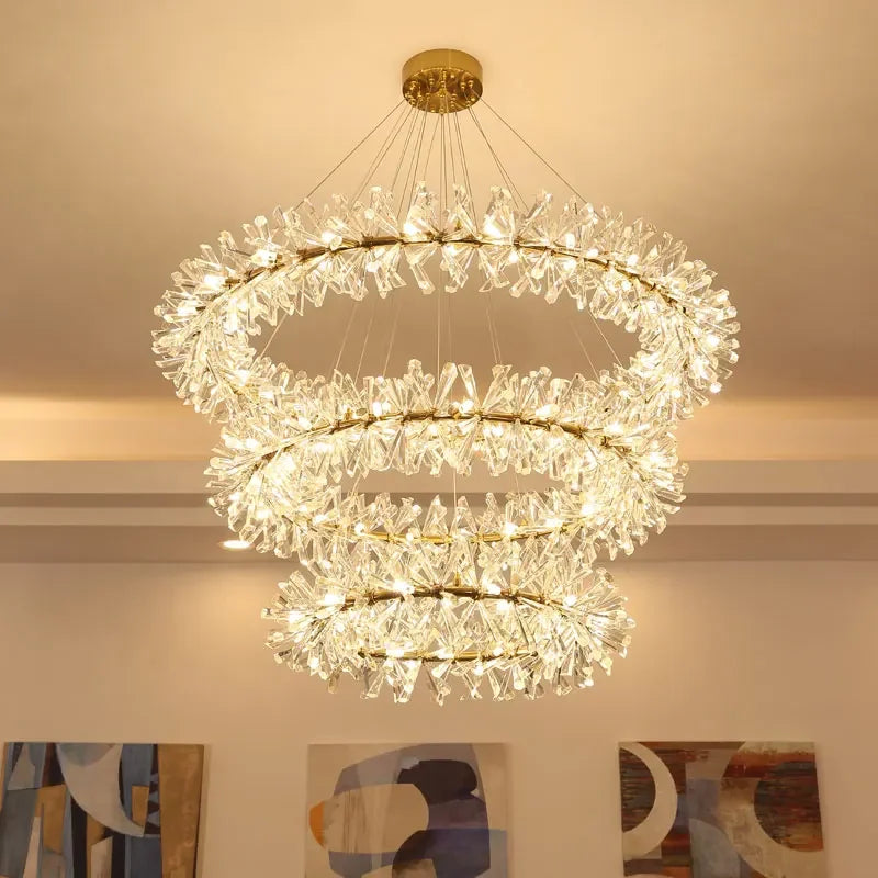 Suspension — En cristal de fleur moderne Suspension lustres LED de luxe pour salon 60 80 100 cm anneaux suspendus suspension