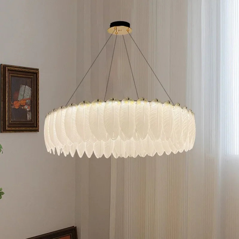 lustre led nordique en verre cristal et plumes décoratif d'intérieur