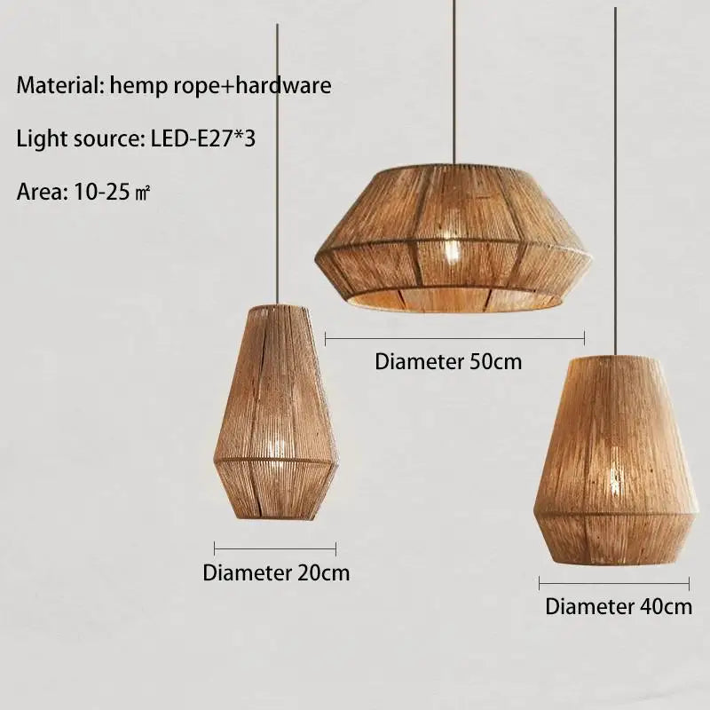 Suspension Wabi-sabi Estelle Brume en Corde Tressée et Rotin — Combinaison 2 / Lumière neutre 4500K ; Combinaison 2 / Lumière blanche 6000K ; Combinaison 2 / Lumière chaude 3500K