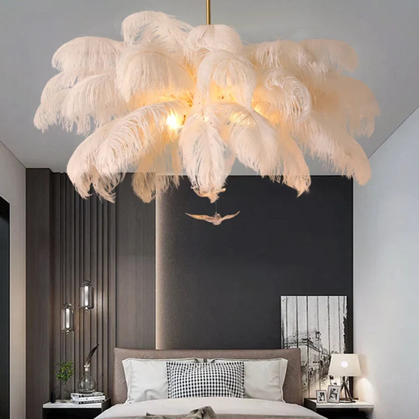 lustre led autruche plume sandyha luxe luminaire suspendu
