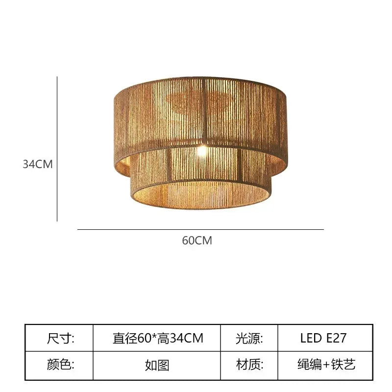 Lustre Vintage Félix Brume en Corde Tressée et Rotin — Plafond 60cm / 3 couleurs / 100-240v ; Plafond 60cm / Blanc chaud / 100-240v ; Plafond 60cm / Blanc froid / 100-240v